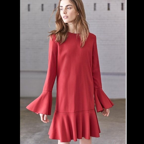 NEW Theory Marah Bergen Red Ruffle Trim Flounced Dress Size 4 - Picture 3 of 8